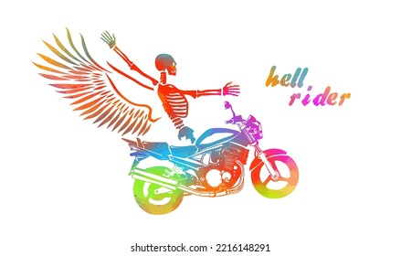 The colorful skeleton rides a motorcycle. hell racer. T-shirt printing . Happy Halloween. Vector illustration