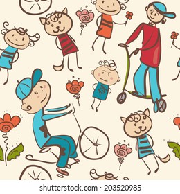colorful sketch of a bicycle and scooter riders in a park seamless pattern