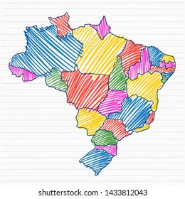 Colorful sketch of Brazil Map on a notebook sheet. Drawing with traces of different colors separating the Brazilian states