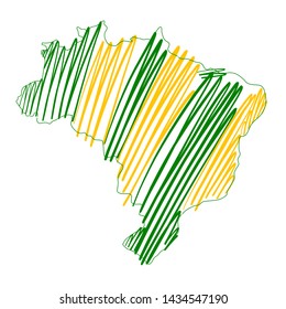 Colorful sketch of Brazil Map on a white background. Drawing with green and yellow brush strokes.
