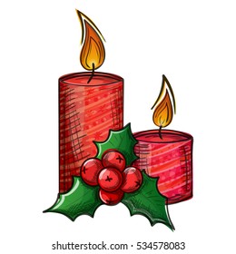 Colorful sketch of Christmas candle and holly on white background. Vector.