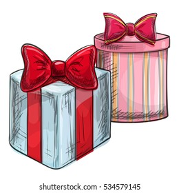 Colorful sketch of Christmas presents on white background. Vector.