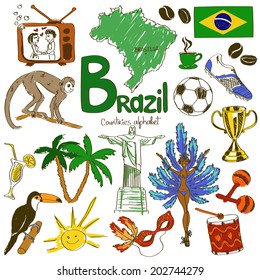 Colorful sketch collection of Brazil icons, countries alphabet