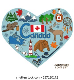 Colorful sketch collection of Canadian symbols in heart shape concept. Travel background