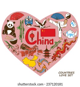 Colorful sketch collection of Chinese symbols in heart shape concept. Travel background