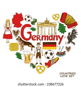 Colorful sketch collection of German symbols. Heart shape concept. Travel background