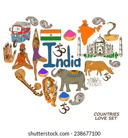 Colorful sketch collection of Indian symbols. Heart shape concept. Travel background