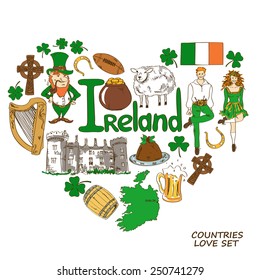 Colorful sketch collection of Irish symbols. Heart shape concept. Travel background