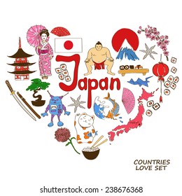 Colorful sketch collection of Japanese symbols. Heart shape concept. Travel background