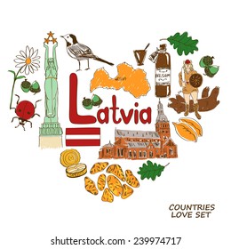 Colorful sketch collection of Latvian symbols. Heart shape concept. Travel background