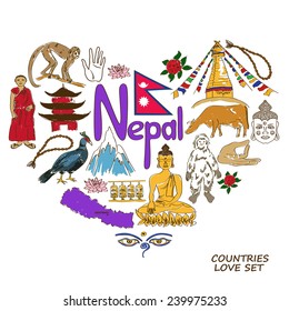 Colorful sketch collection of Nepal symbols. Heart shape concept. Travel background