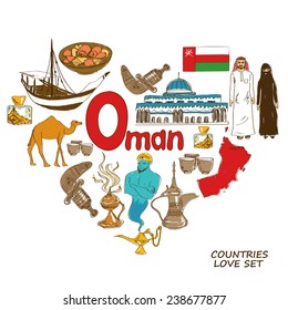 Colorful sketch collection of Oman symbols. Heart shape concept. Travel background