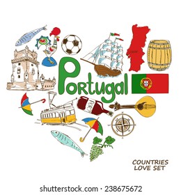 Colorful sketch collection of Portuguese symbols. Heart shape concept. Travel background