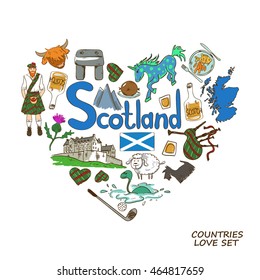 Colorful sketch collection of Scottish symbols. Heart shape concept. Scotland travel background.