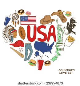 Colorful sketch collection of USA symbols. Heart shape concept. Travel background