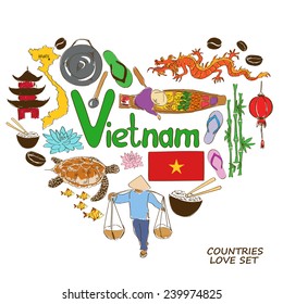 Colorful sketch collection of Vietnamese symbols. Heart shape concept. Travel background