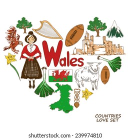 Colorful sketch collection of Wales symbols. Heart shape concept. Travel background