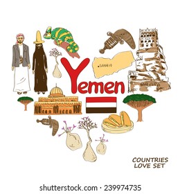 Colorful sketch collection of Yemen symbols. Heart shape concept. Travel background