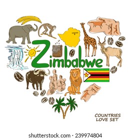 Colorful sketch collection of Zimbabwe symbols. Heart shape concept. Travel background