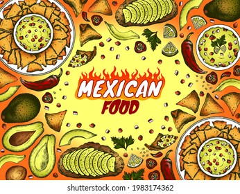 Colorful sketch drawing card of Mexican food, green avocado slice, guacamole, nachos, red hot chili pepper, lemon, cilantro on orange background. Line art vegan snack, vegetarian. Vector illustration.