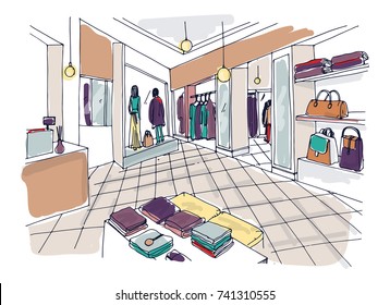 Colorful sketch of fashion showroom or shop, trendy apparel store or clothing boutique interior with shelving, counter, mannequins dressed in fashionable clothes. Hand drawn vector illustration.