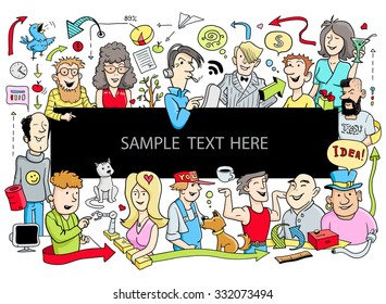 Colorful Sketch Frame in Doodle Style. Group of Funny People on White. Vector Illustration for Cover Design.