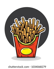 colorful sketch hand drawing of retro detail french fries in back circle background