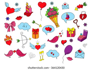 Colorful sketch with hand-drawing love objects and elements, symbols  
