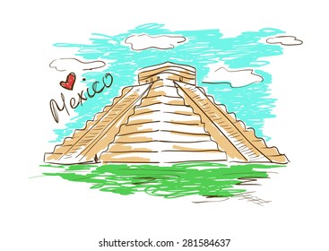 Colorful sketch illustration of Chichen Itza Mayan Pyramid in Mexico on a white background.