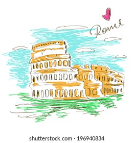 Colorful sketch illustration of Colosseum in Rome