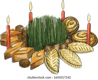 Colorful sketch of Khoncha for Nowruz Holiday. Samani and candles. Around the samani different sweet pastries such as pakhlava, shekerbura and gogal and walnuts are placed.
