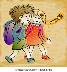 colorful sketch of kids going to school