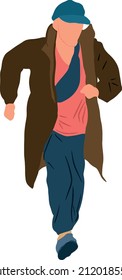 A colorful sketch of man in cap with backpack runs up. Tourist hiking concept