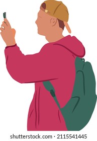 Colorful sketch of man in a cap on the street hold phone take photo in doodle style
