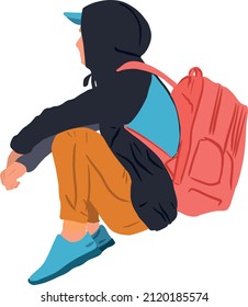 Colorful sketch of man sit on stone in hood with backpack. Tourist concept in doodle style