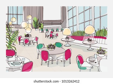 Colorful sketch of modern restaurant or cafe interior furnished with elegant tables, chairs, pendant lights. Freehand drawing of bistro full of stylish furniture. Colored vector illustration.