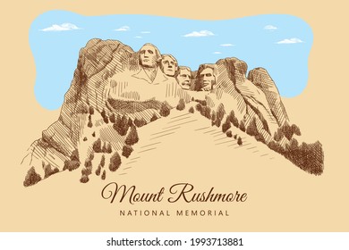 Colorful sketch of Mount Rushmore National Memorial, South Dakota, USA. Portraits of American presidents: Abraham Lincoln, George Washington, Thomas Jefferson, Theodore Roosevelt. Vintage card.
