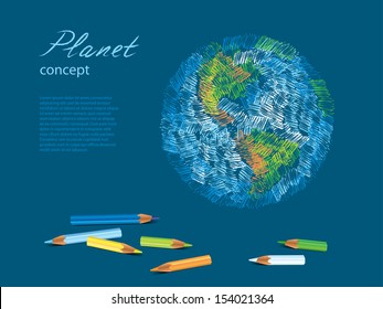 Colorful sketch of planet Earth, pencils vector illustration