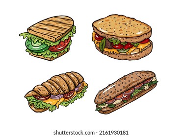 Colorful sketch Sandwiches set. Hand drawn vector illustration isolated on white background.