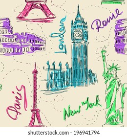 Colorful sketch seamless pattern with Big Ben, Eiffel Tower, Colosseum and Statue of Liberty