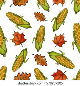 Colorful sketch seamless pattern with corn and leaves. Vector.