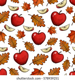 Colorful sketch seamless pattern with red apples and leaves. Vector.
