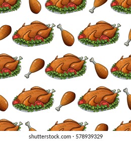 Colorful sketch seamless pattern with roasted thanksgiving turkey. Vector.