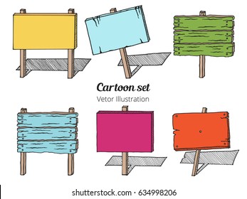 Colorful Sketch set of wooden signboards. Set of old wooden sign board in cartoon style. Isolated Hand drawn vector illustration. Shabby, crooked billboard and sign board with place for text