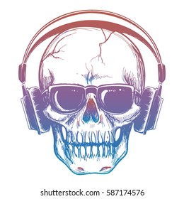 Dibujo colorido de calavera y auriculares. Amante de la música del cráneo humano vector aislado en ilustración blanca