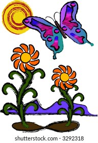 Colorful sketch style illustration of butterfly, sun, two flowers and mountains in this vector artwork.