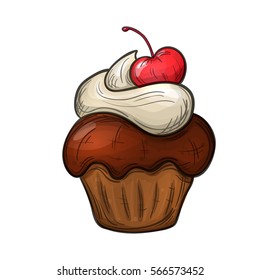 Colorful sketch style illustration of cupcake with cream on white background. Vector.