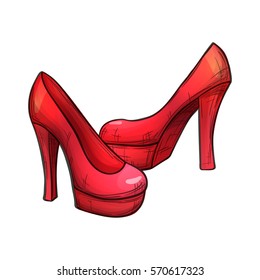 Colorful sketch style illustration of red high-heeled shoes on a white background. Vector.