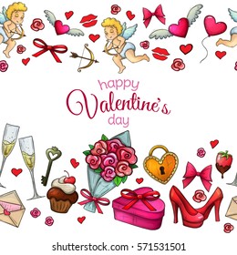 Colorful sketch style seamless horizontal borders with Valentine's Day icons. Illustration for Valentine's Day  greeting card and decoration. Vector.