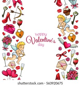 Colorful sketch style seamless vertical borders with Valentine's Day icons. Illustration for Valentine's Day  greeting card and decoration. Vector.